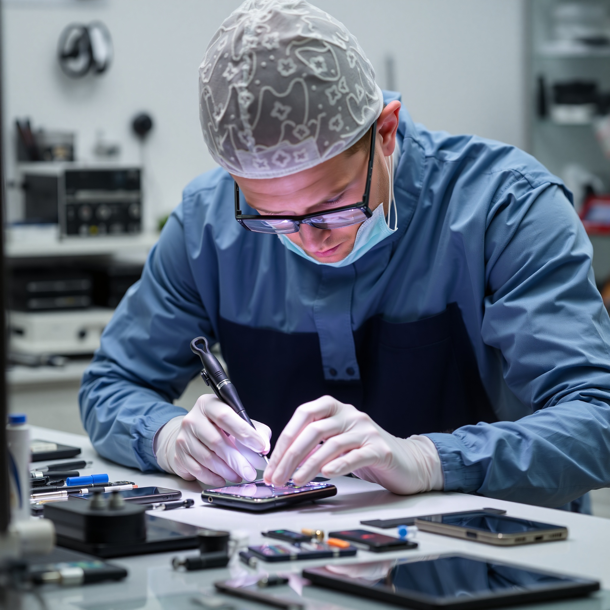 Certified phone repair technician working on smartphone with professional tools in authorized service center