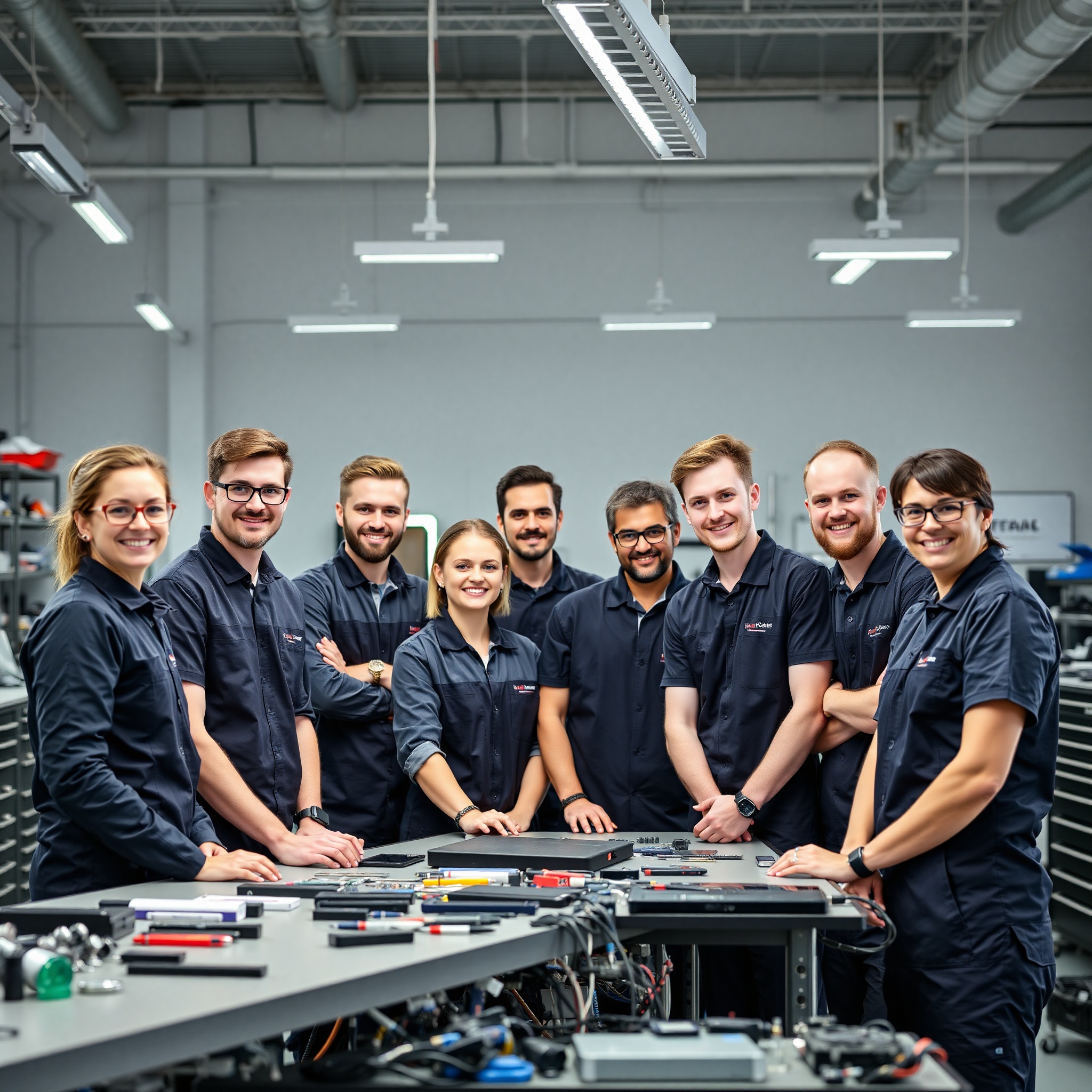 Team of experienced smartphone repair technicians in professional workshop environment