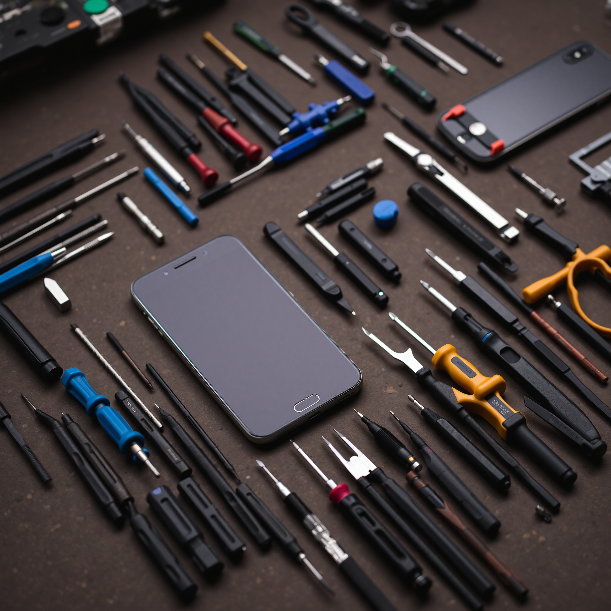 Essential phone repair tools laid out on workbench including screwdrivers, pry tools, and precision instruments