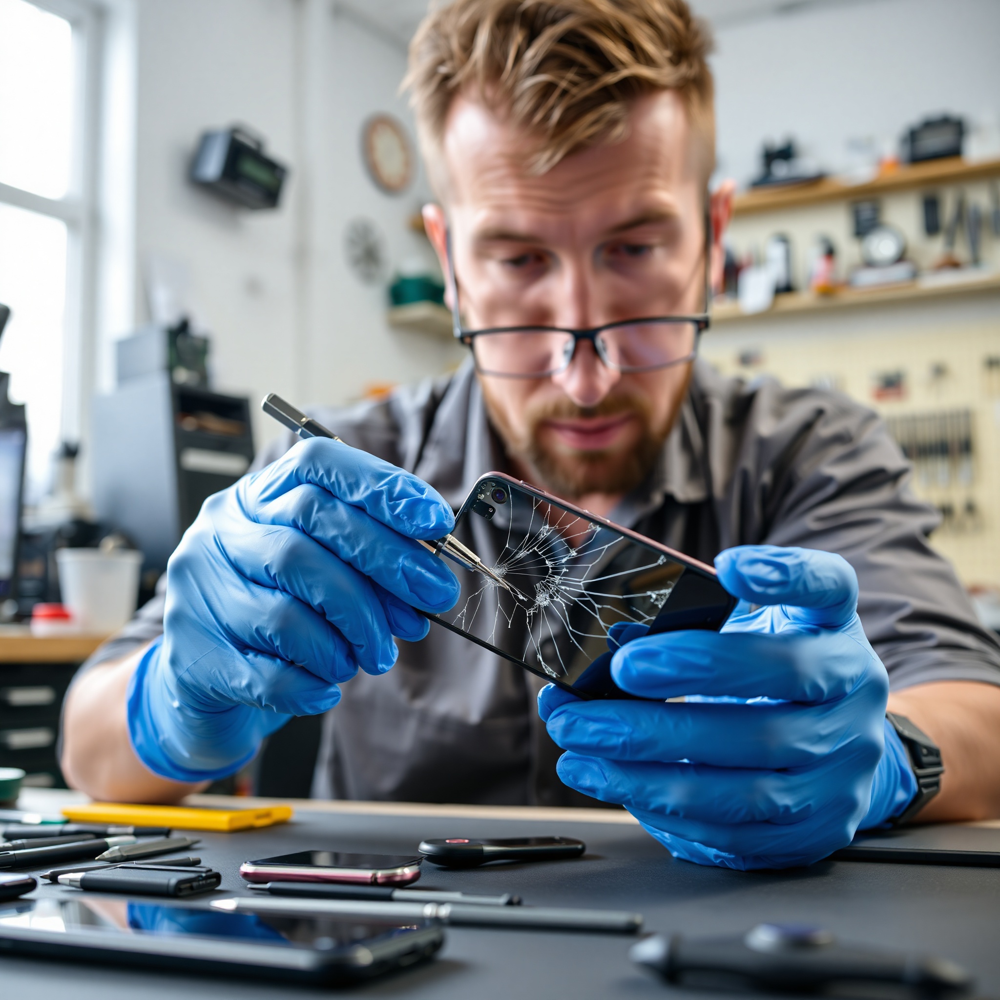 Professional technician performing smartphone screen replacement with precision tools in modern repair workshop