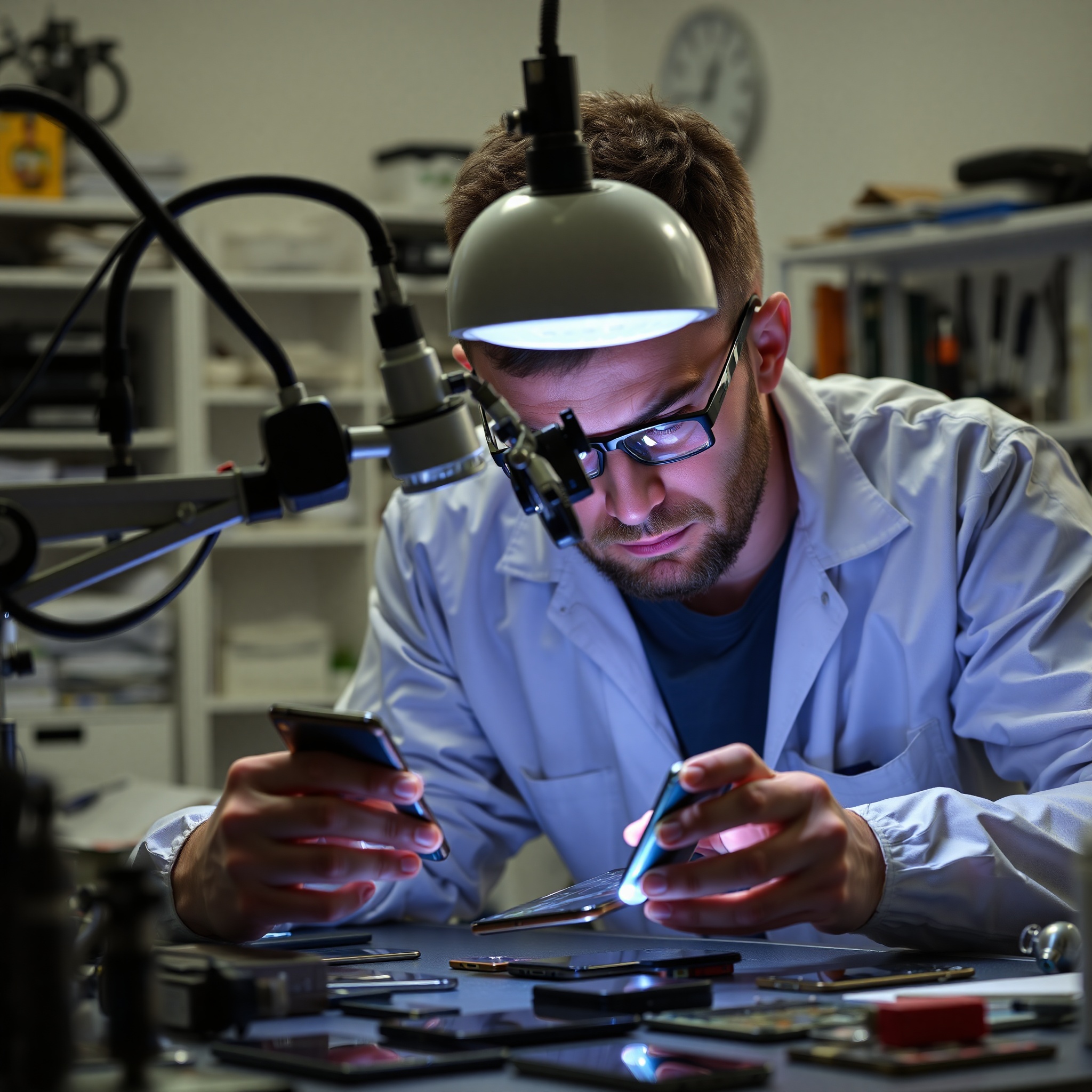 Professional phone repair technician examining smartphone display under magnification