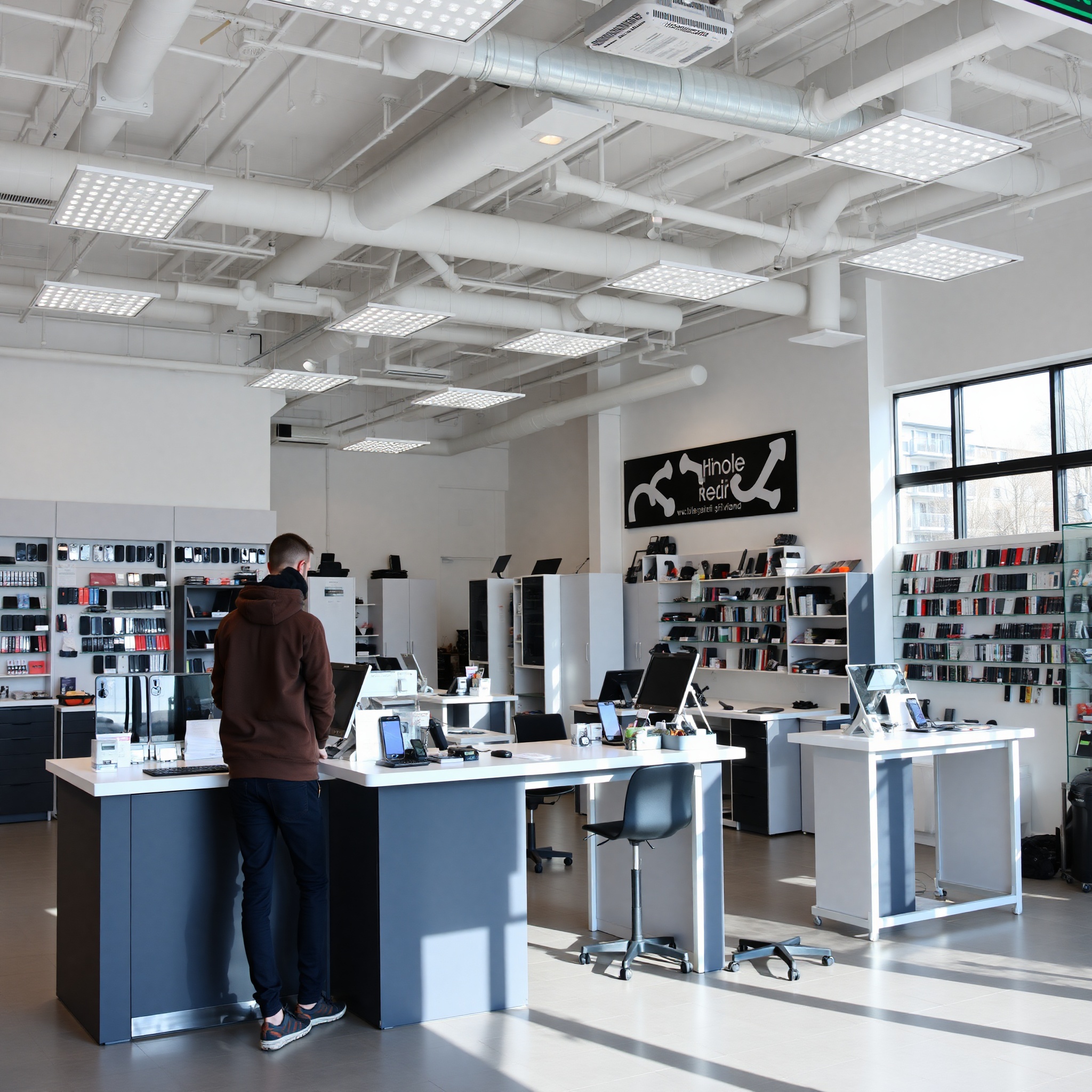 Modern phone repair shop storefront in Warsaw with customers waiting for service