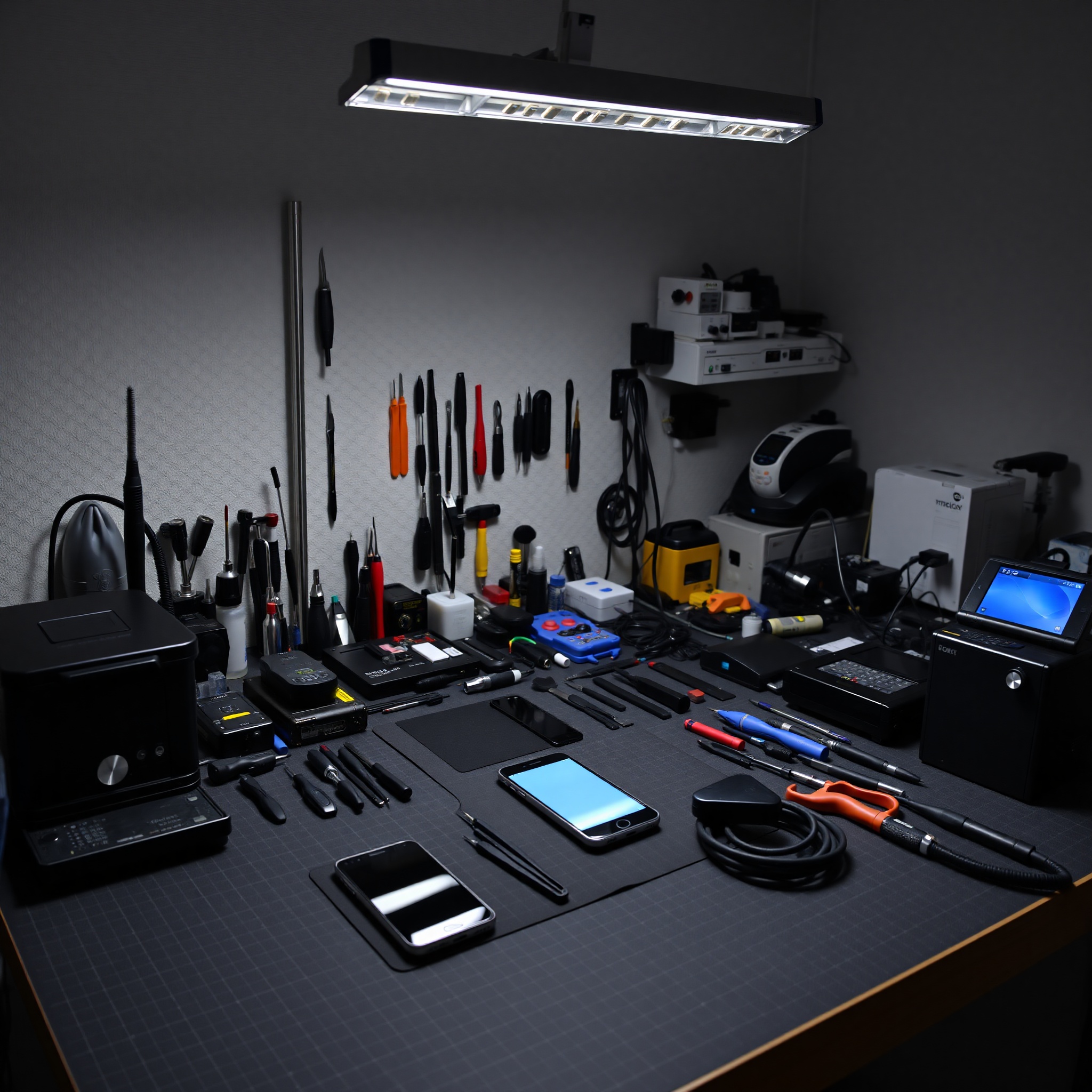 Professional smartphone repair workspace with organized tools, heating equipment, and diagnostic devices