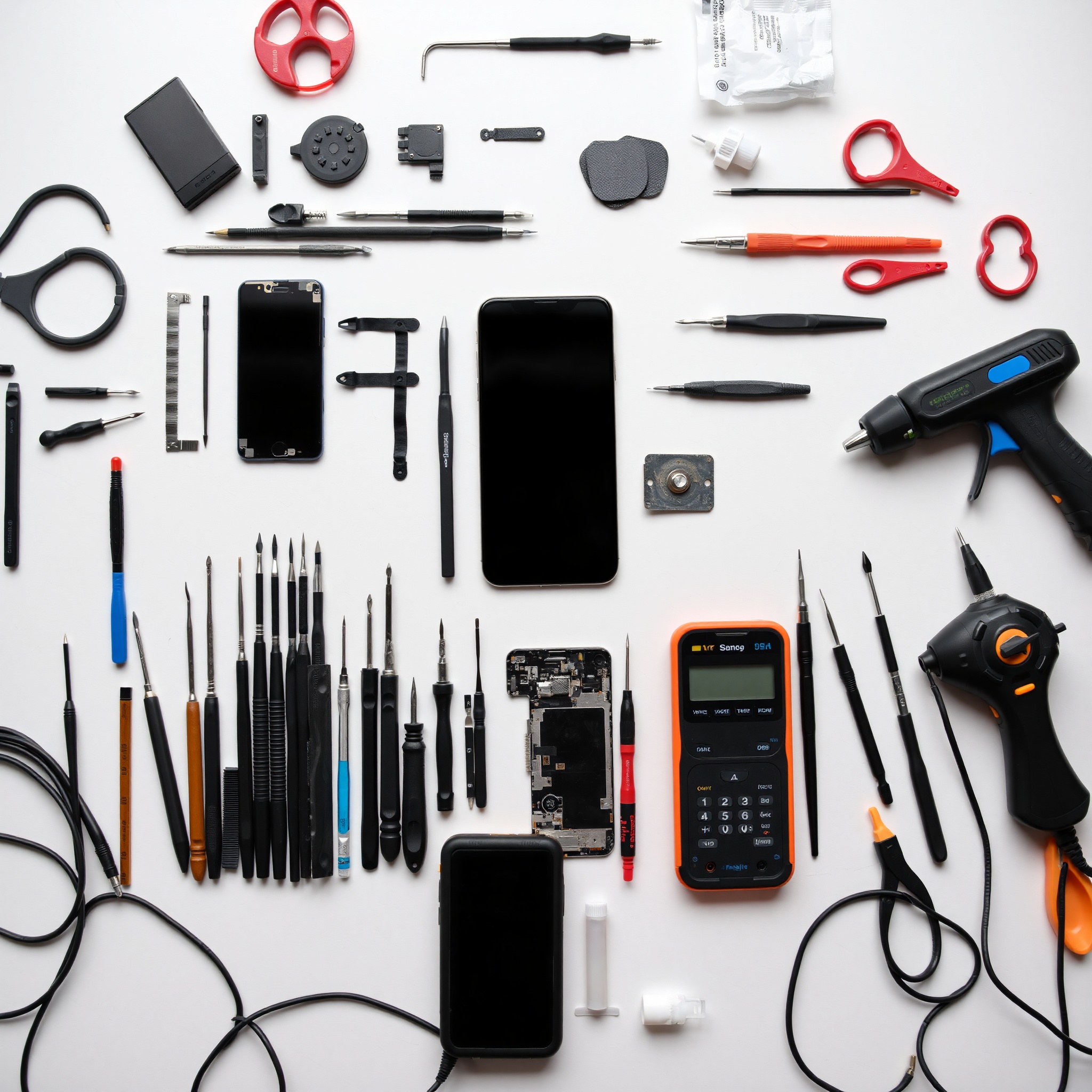 Organized collection of smartphone repair tools and equipment