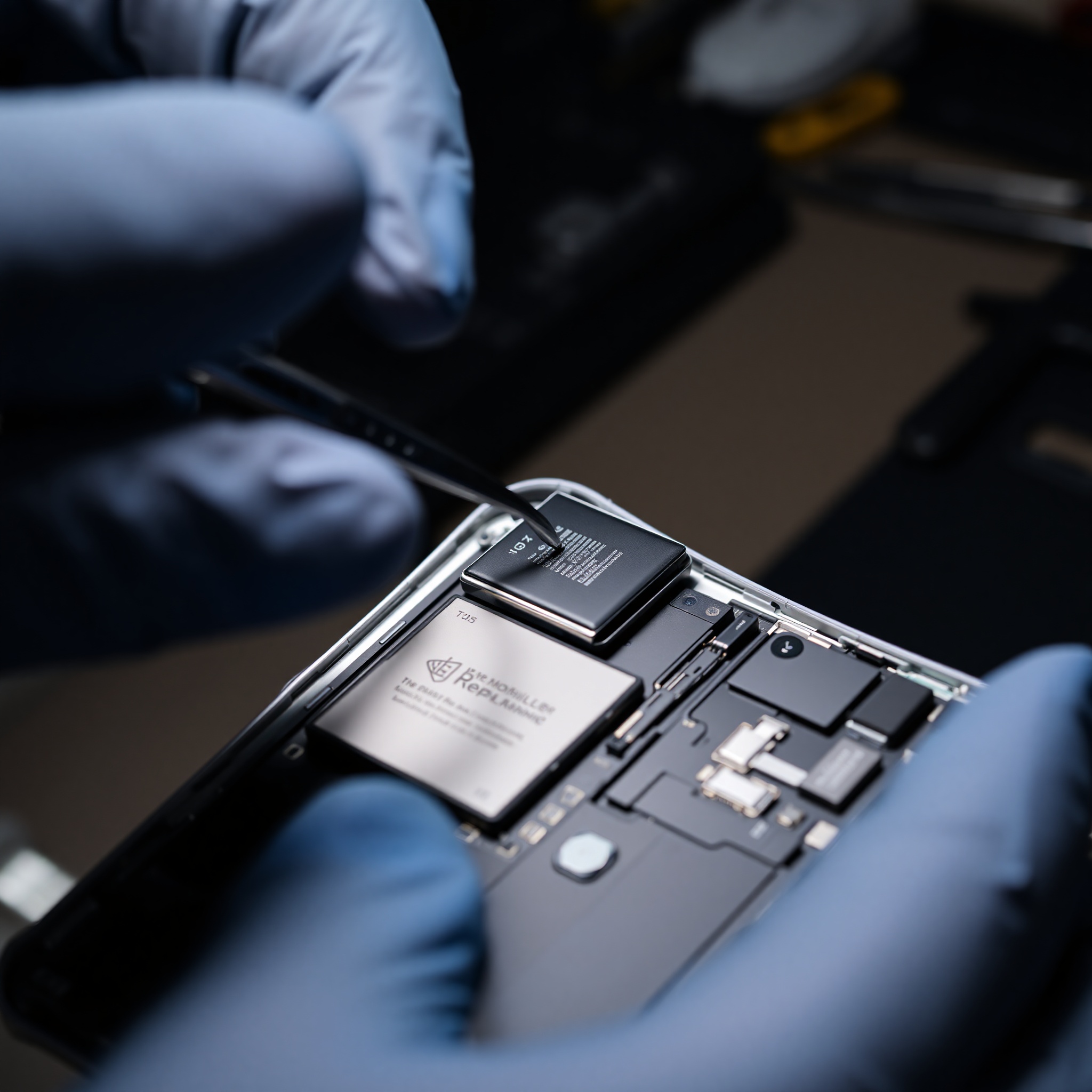 Smartphone battery replacement procedure showing new battery installation in device