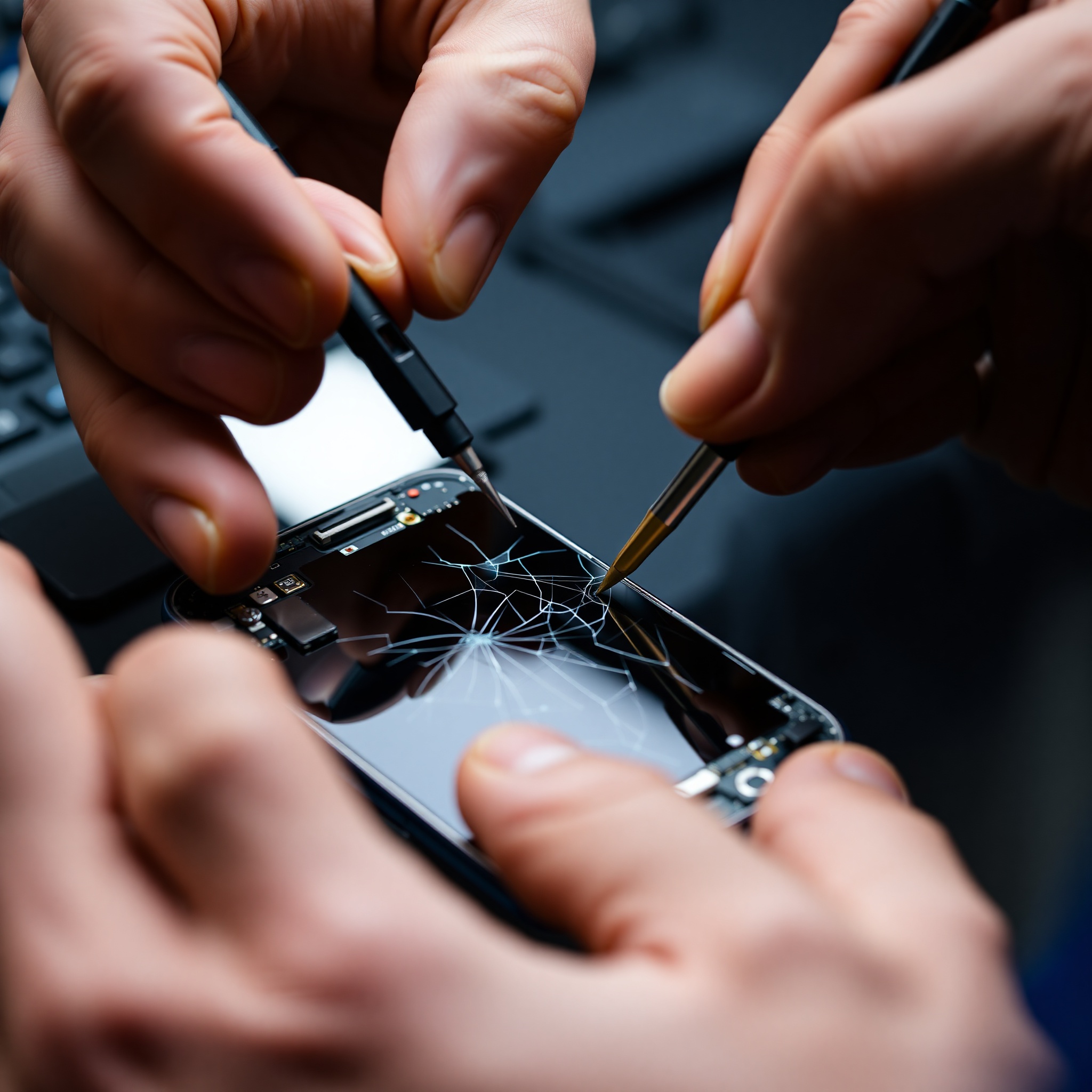 Professional technician replacing cracked smartphone screen with precision tools
