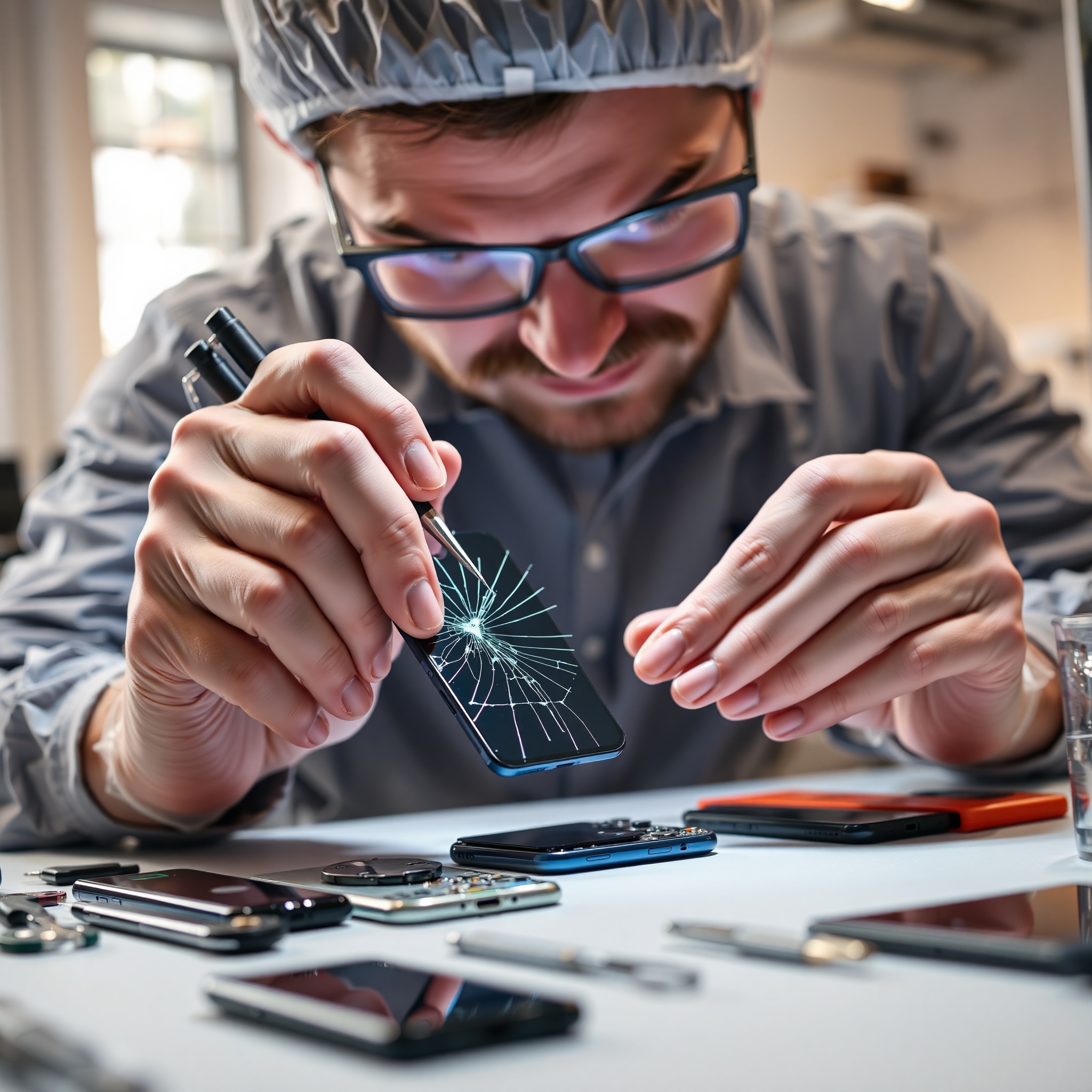 Professional technician replacing smartphone screen with precision tools