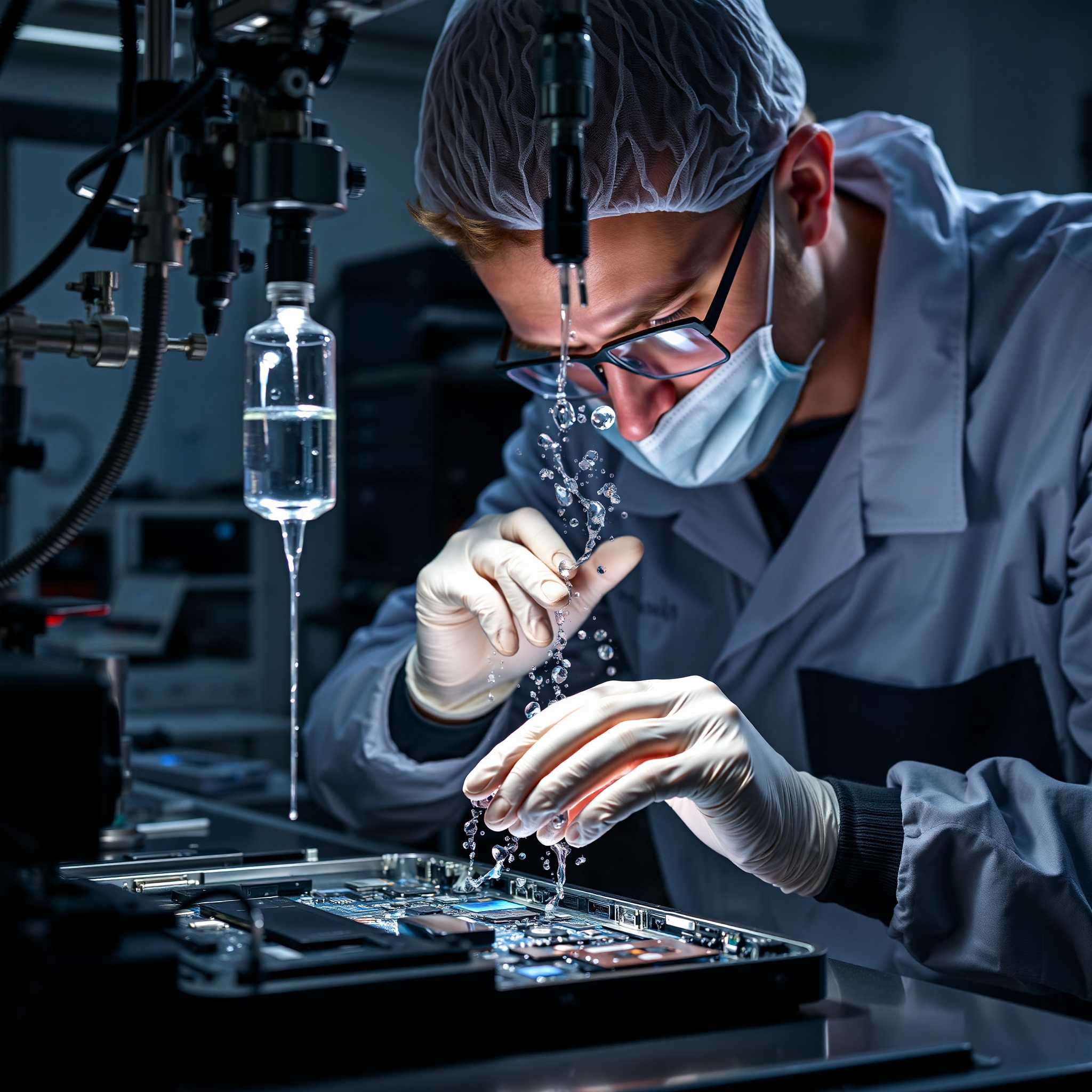 Water-damaged smartphone being carefully cleaned and dried by professional technician