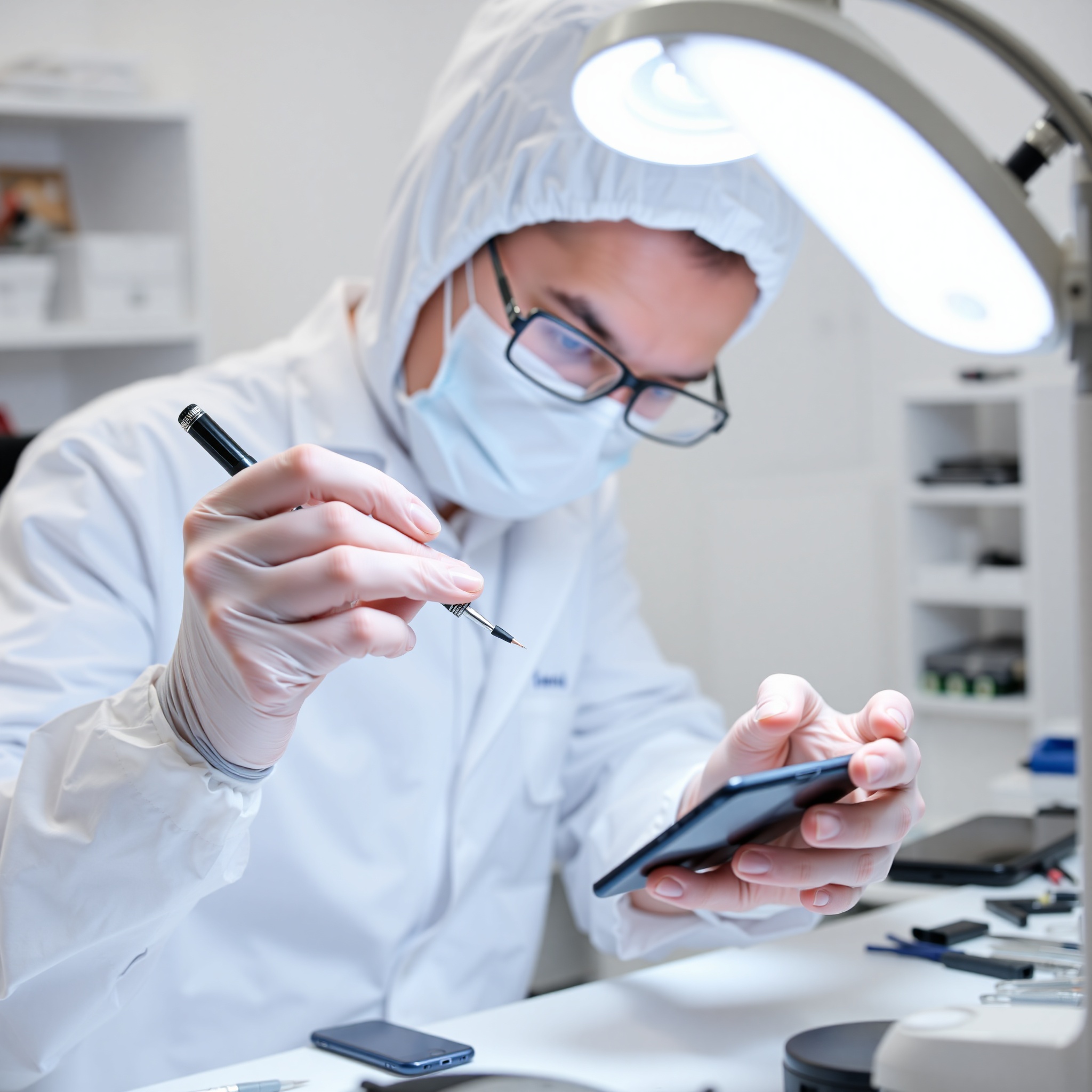 Professional technician replacing cracked smartphone screen with precision tools