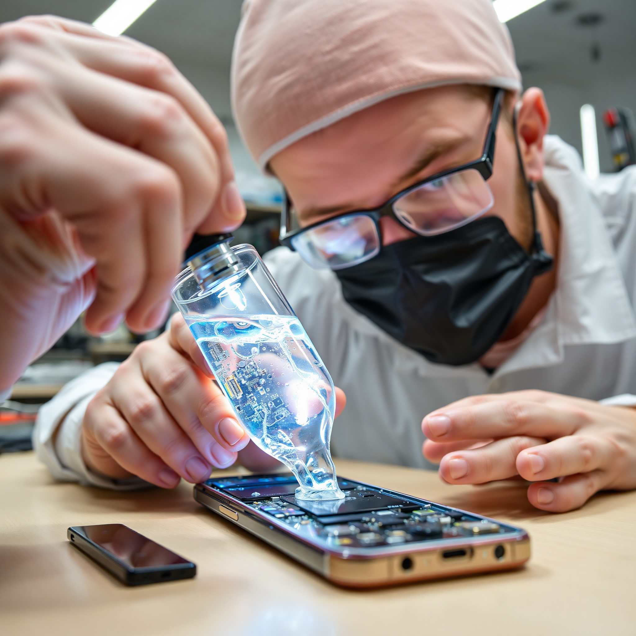 Water-damaged smartphone being examined by experienced repair technician with diagnostic equipment