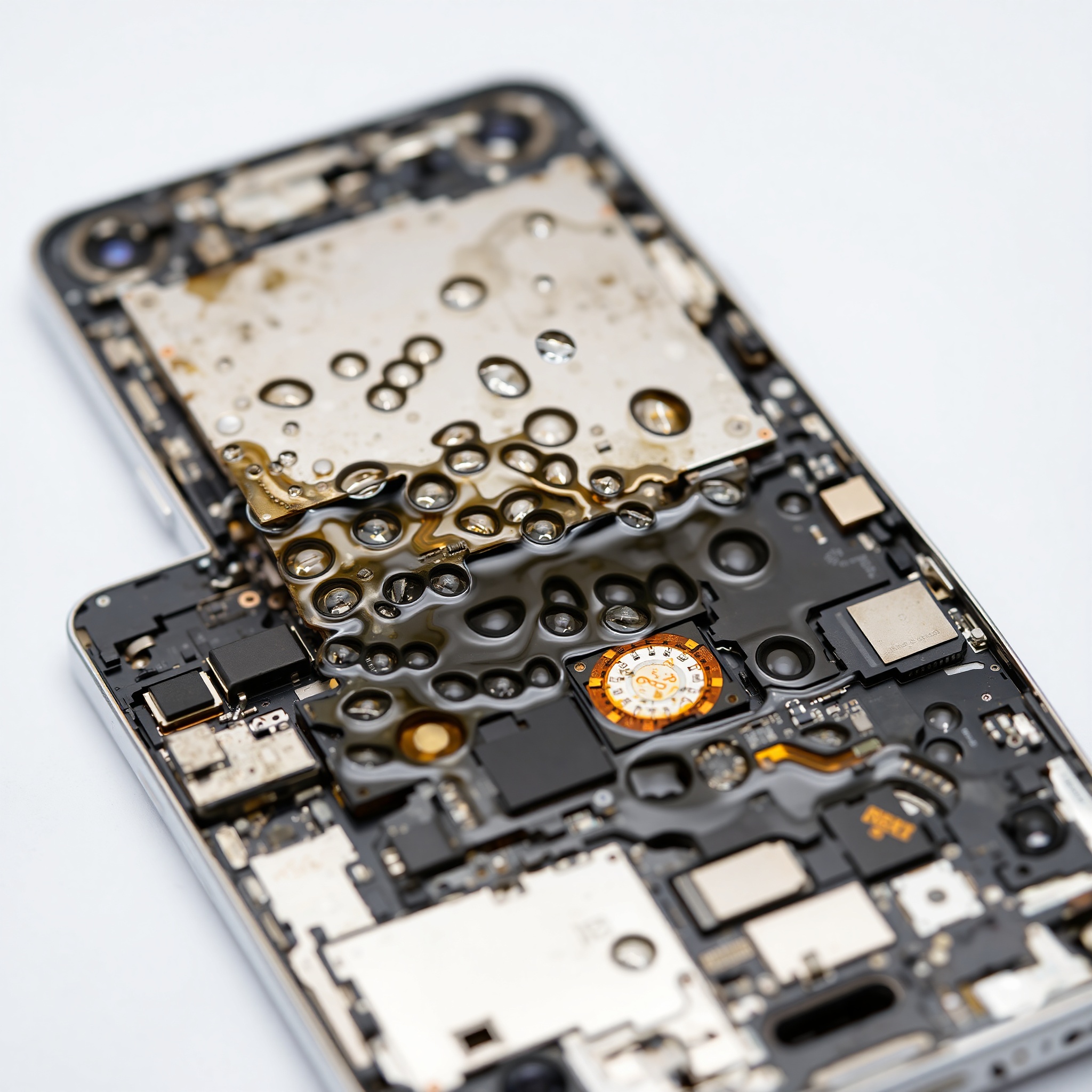 Water-damaged smartphone disassembled showing internal components with moisture corrosion marks