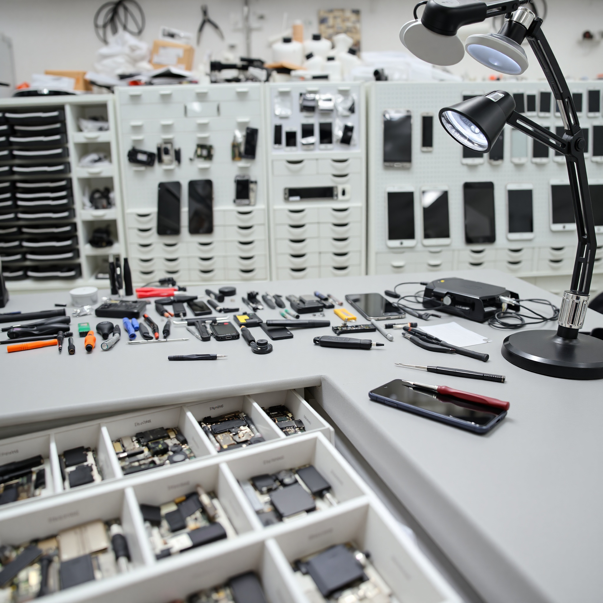 Organized smartphone repair workstation with precision tools, diagnostic equipment, and replacement components neatly arranged on professional workspace